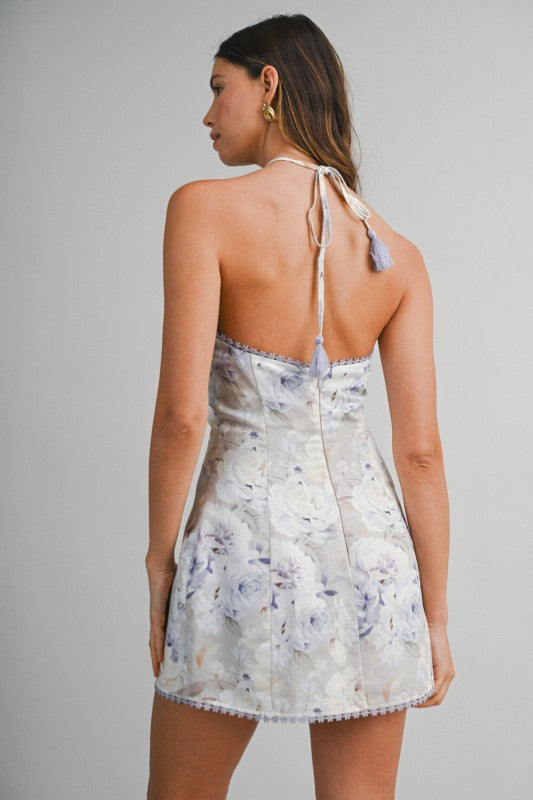 Blaire Floral Print Halter Neck Self Tie Tassel Strap Mini Dress by Mable