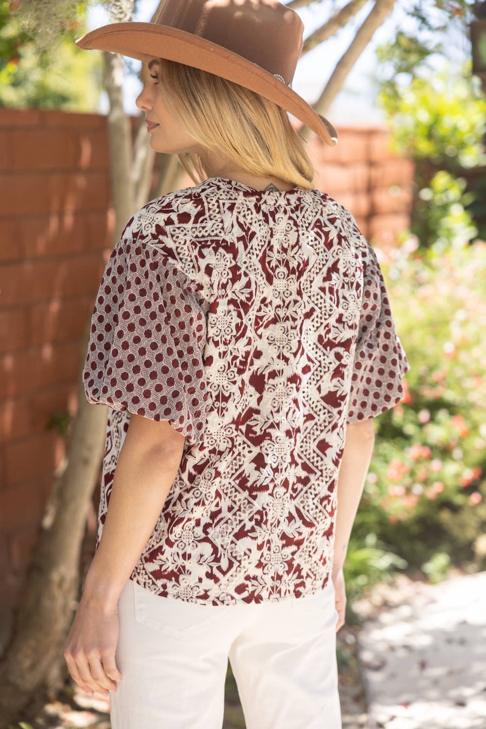 Maroon Embroidered Print Mixed Top