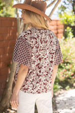 Maroon Embroidered Print Mixed Top
