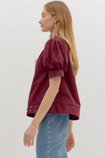 Maroon Cuff Band Puff Sleeve Top featuring Stud Accent Detai