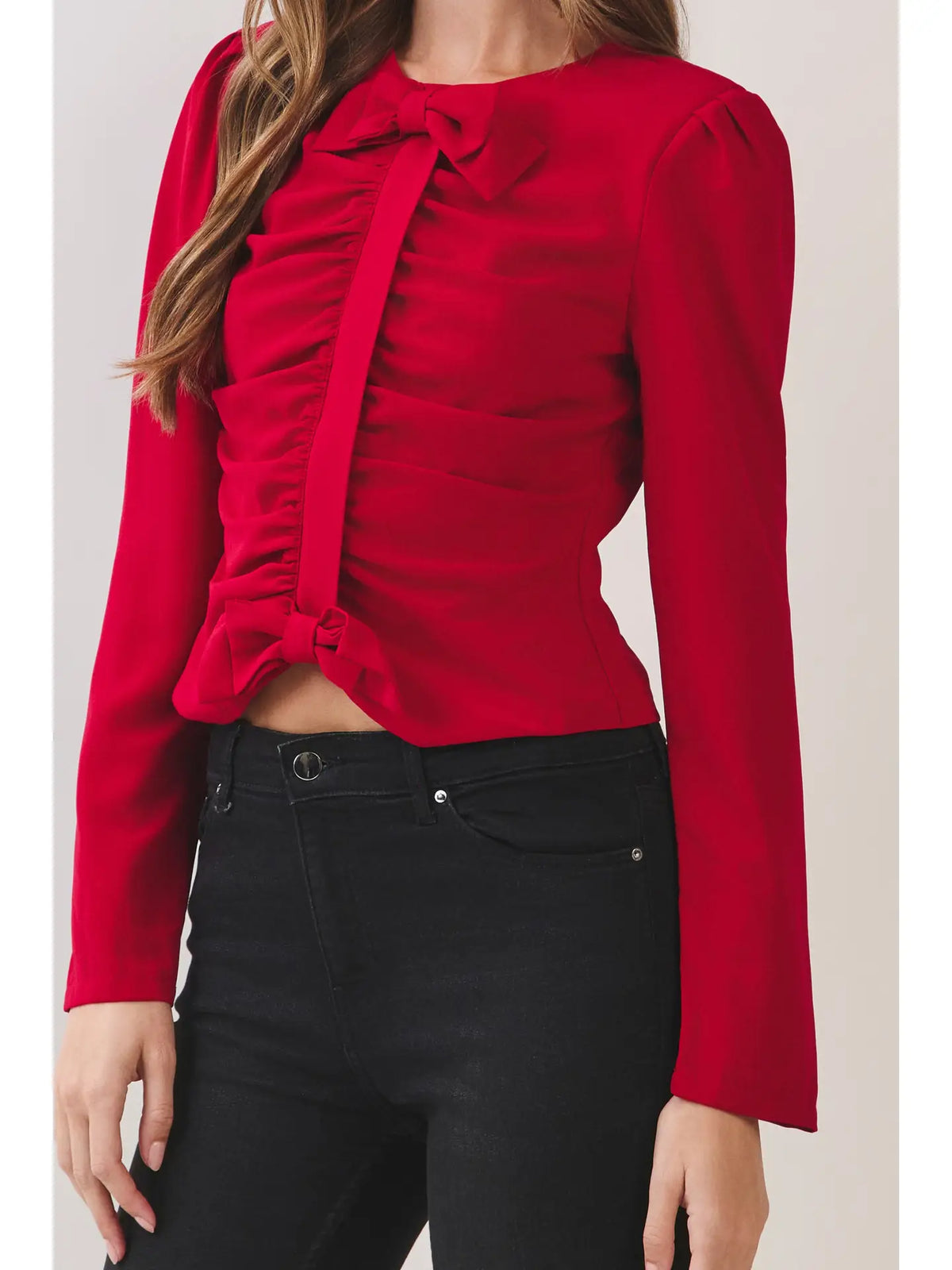 Rylee Ruched Bow Detail Long Sleeve Top- Red
