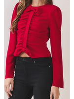 Rylee Ruched Bow Detail Long Sleeve Top- Red