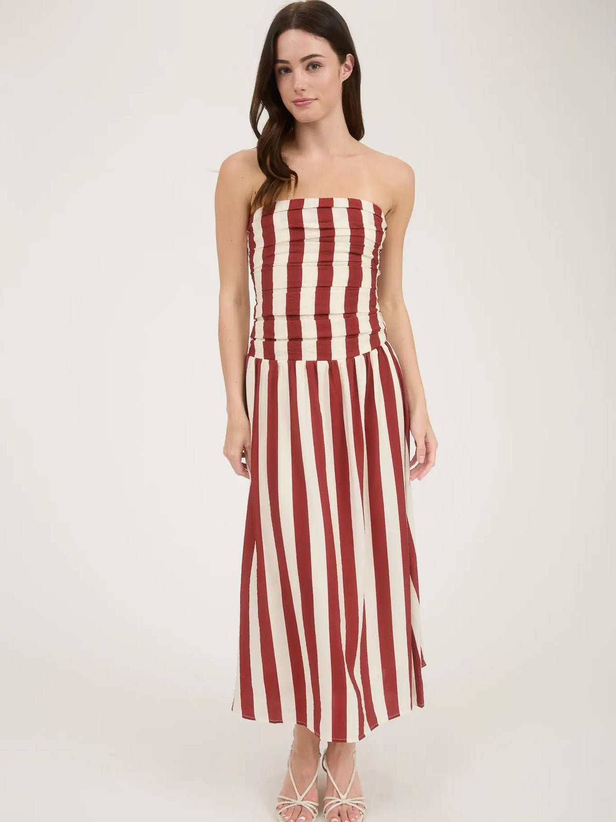 Nantucket Vertical Stripe Strapless Midi Dress BRICK