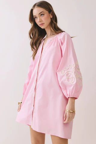 Collins Embroidered Sleeve Baby Doll Button Down Mini Dress