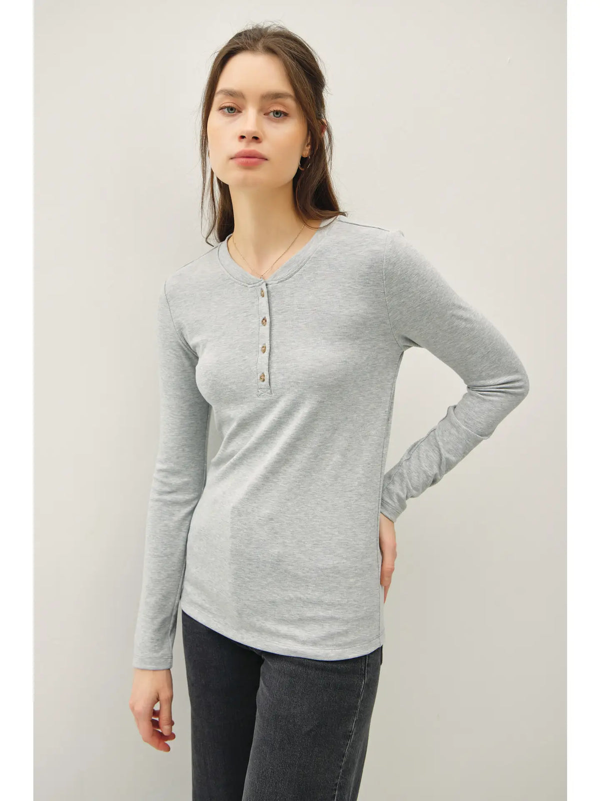 Ultra Soft Basic Longleeve Henley Top- Grey