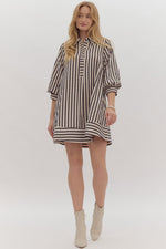 Black Stripe 3/4 Sleeve Mini Dress with Half Button Detail