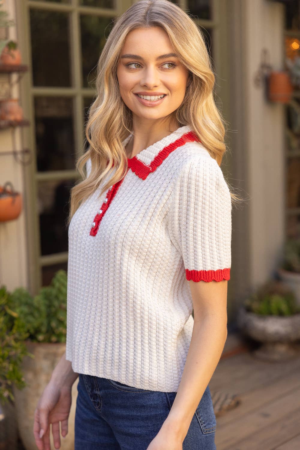Nina Pearl Accent Button Scalloped Knit Top with Red Contrast