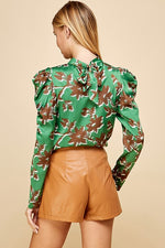 Satin Puff Long Sleeve Top with Brown Floral