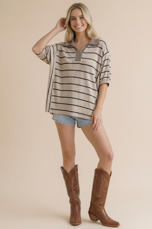 Carson Taupe/Black Stripe Polo Style Top