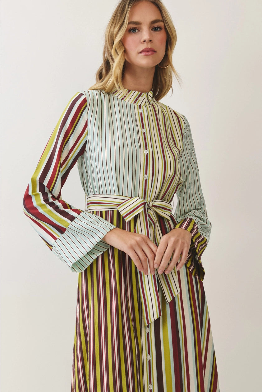 Rylen Mixed Stripe Belted Shirt Maxi Dress