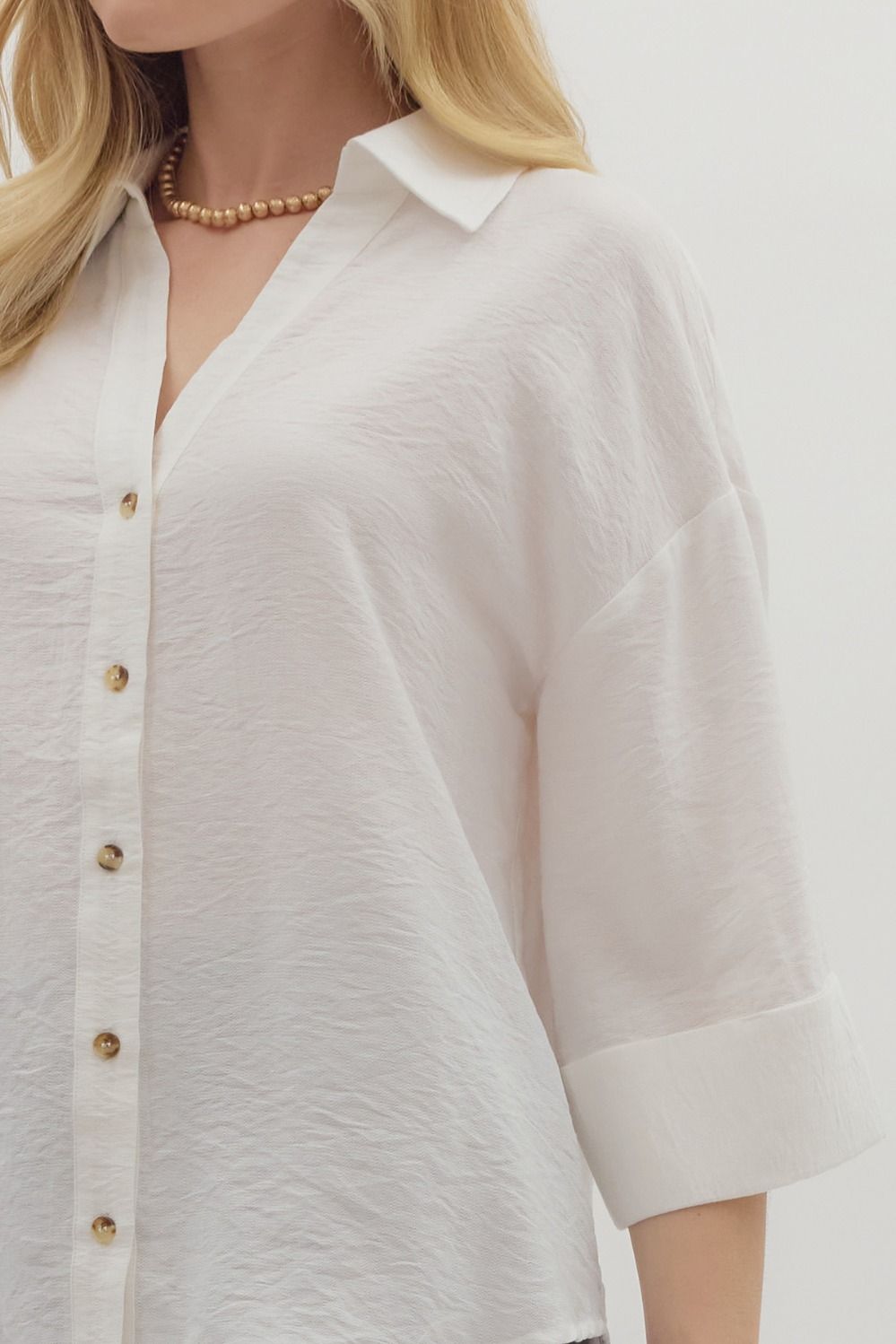 Solid Wide Cuff ¾ Sleeve Spread Collar Button Front Top