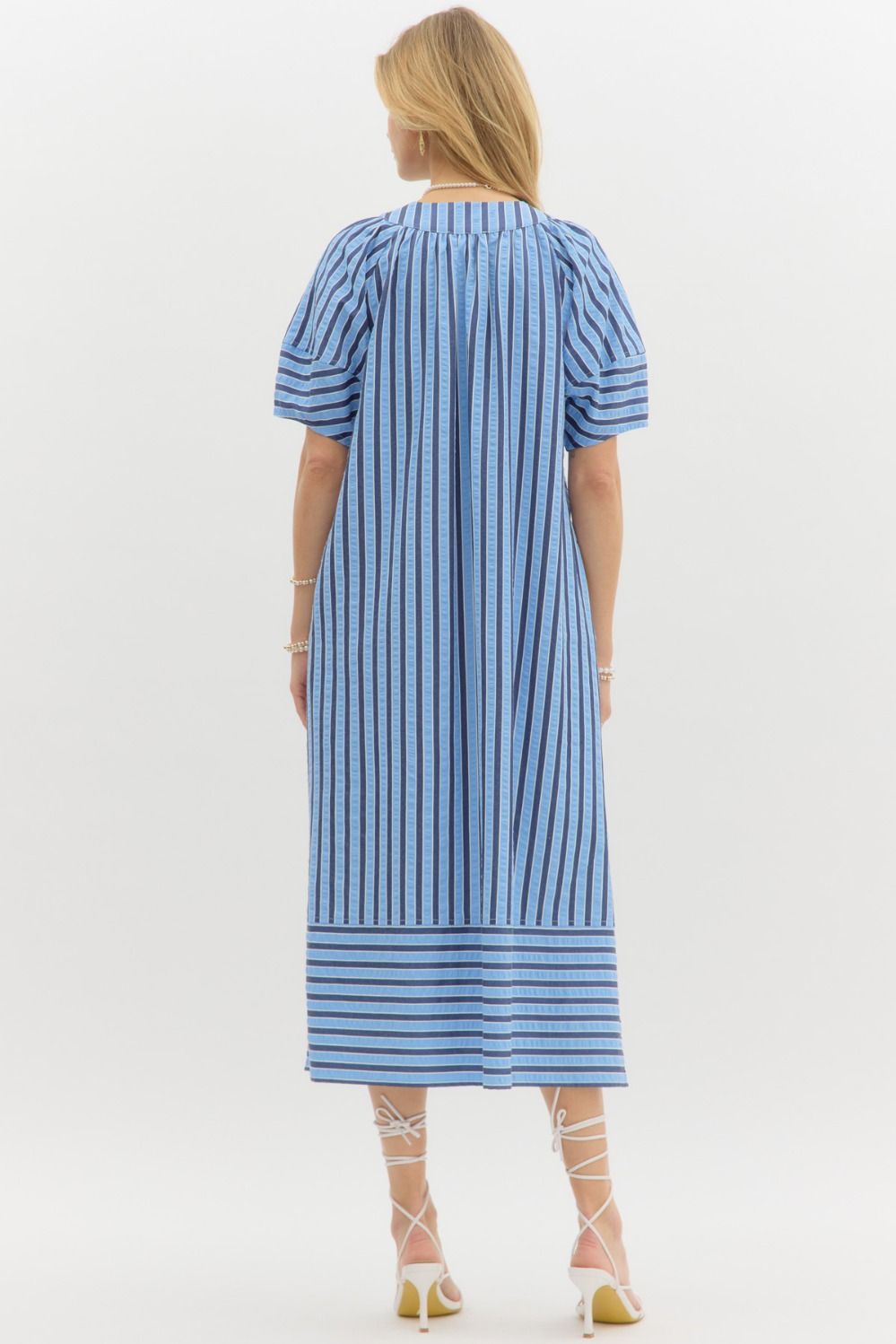 Light Blue V Neck Stripe Midi Dress