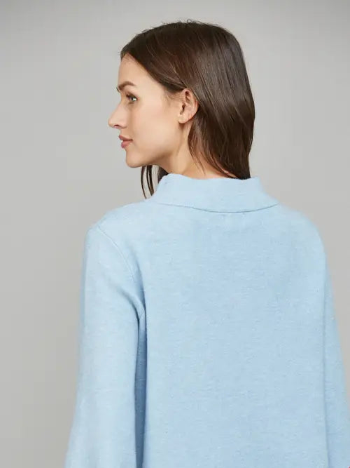 Ava Sky Blue Mock Neck Sweater with Tomato Red Scallop Trim by FATE
