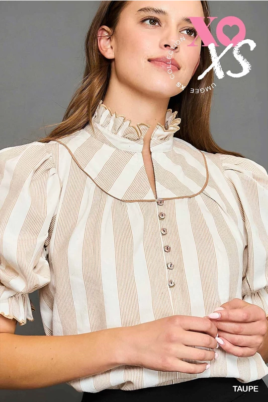 Taupe Stripe Ruffle Collar Top