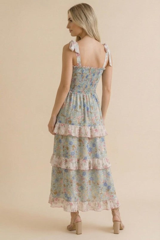 Susanna Floral Tiered Midi with Self Tie Straps