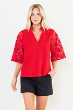THML Red Sweater Top with Lace Detail Sleeve