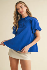 Ruffled Neckline Relaxed Fit Pleats Detail Blouse- Royal