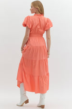 Coral Puff Sleeve Smocked Waist Tiered Maxi Dress