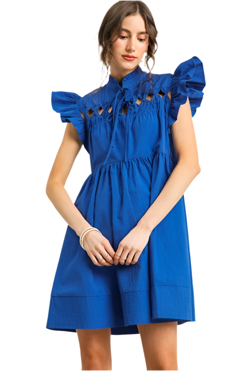 Cobalt Ruffle Sleeve Cutout Detail Mini Dress