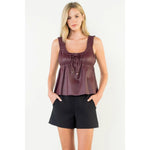 THML Maroon Leather Ruched Strap Peplum Tank