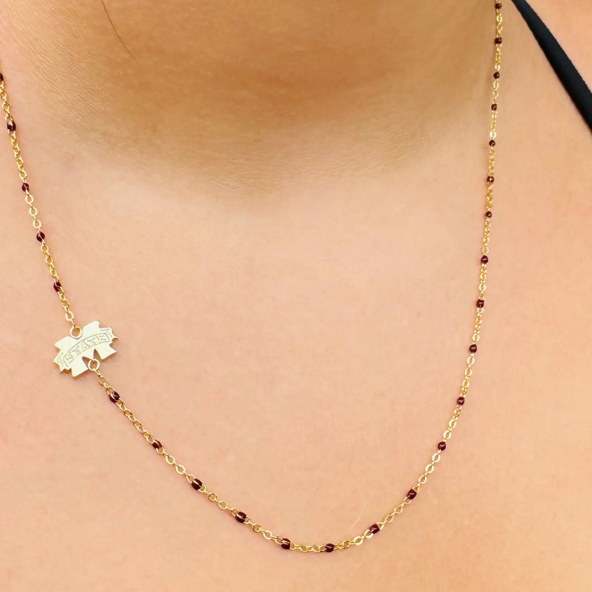 Mississippi State Dainty Side Set Necklace - Gold with Maroon