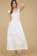 Emilie Smocked Ruffle Sleeve Eyelet Hem Midi Dress ** White or Ecru
