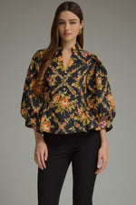 Black Floral Peplum w W Gold Button Detail