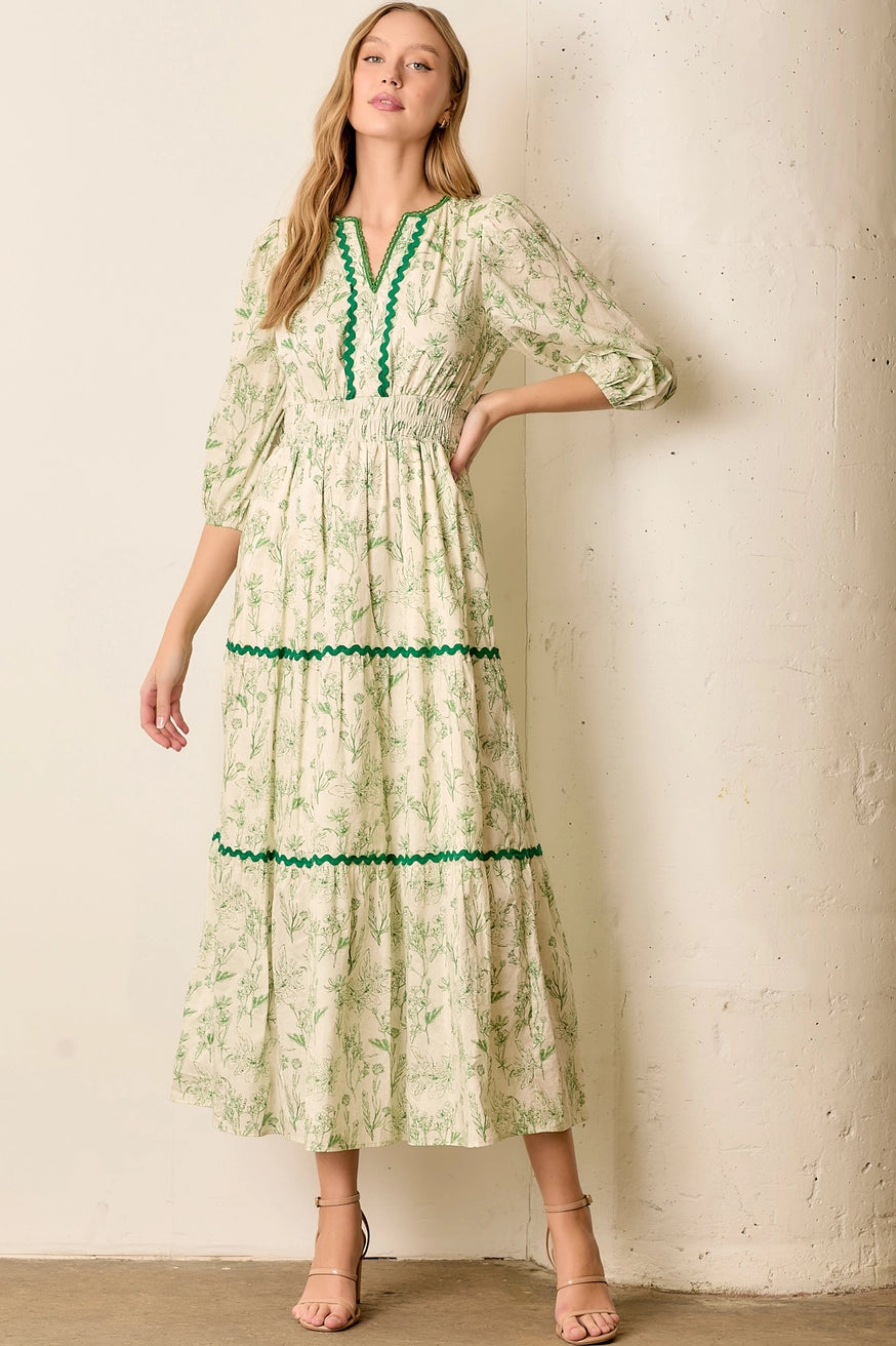 FLORAL PRINT ELASTIC WAIST TIERED MAXI DRESS