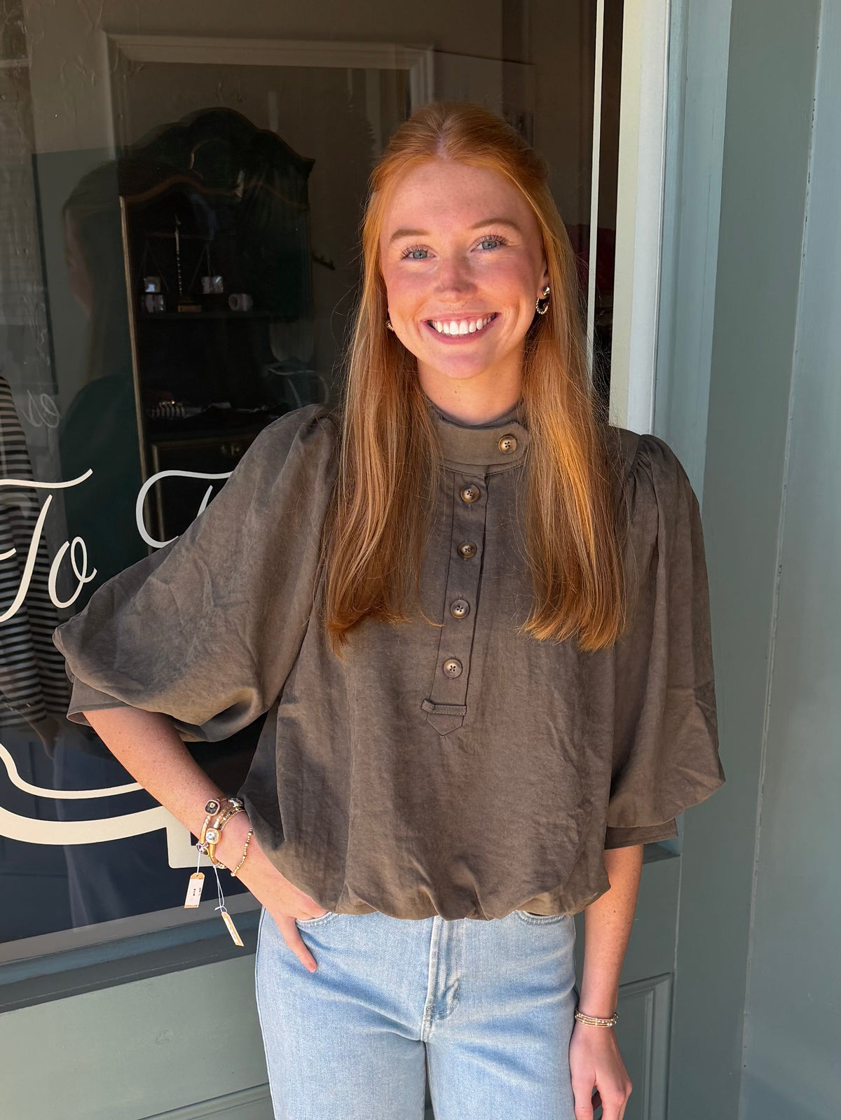 Finley Button Front Bubble Hem Top- Olive