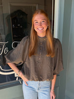 Finley Button Front Bubble Hem Top- Olive