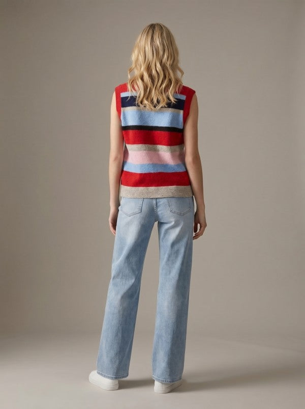 Mila Multi Striped Sleevless Button Front Sweater Vest - Red/Blue Mix
