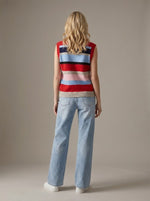 Mila Multi Striped Sleevless Button Front Sweater Vest - Red/Blue Mix
