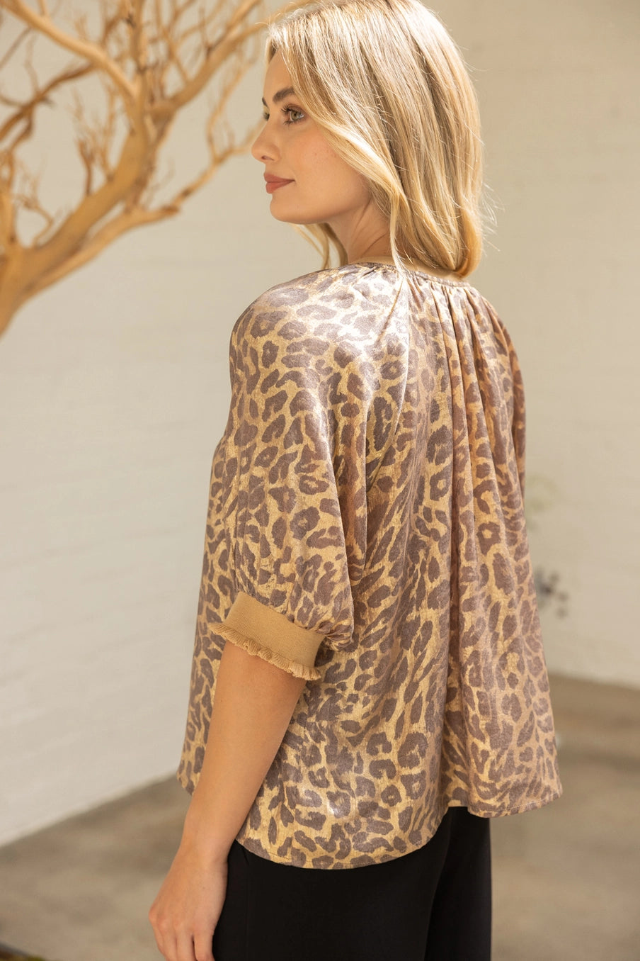 Raglan Puff Sleeve Metallic Animal Print Top by Voy