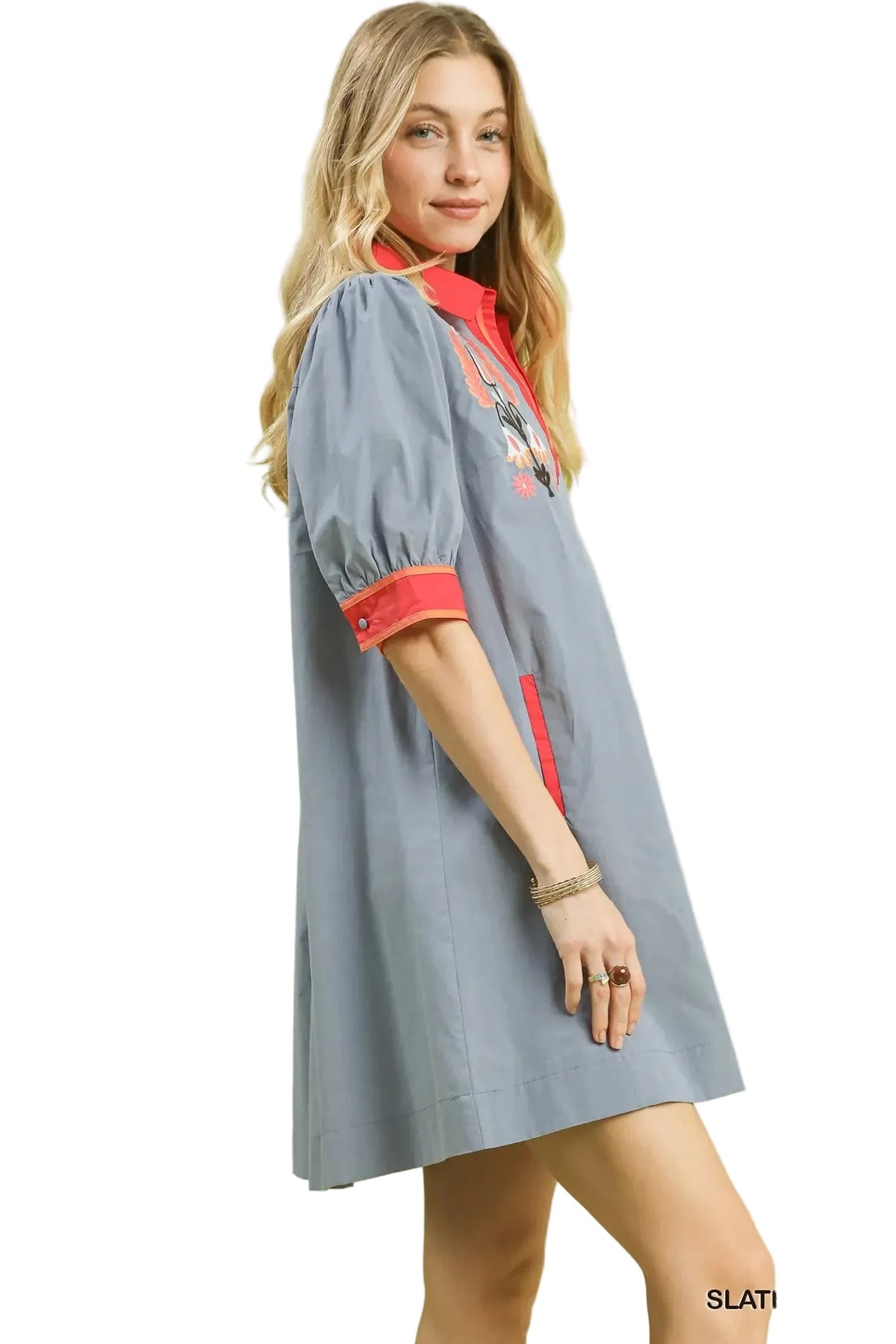 Emaline Slate Blue and Coral Floral Mini Dress