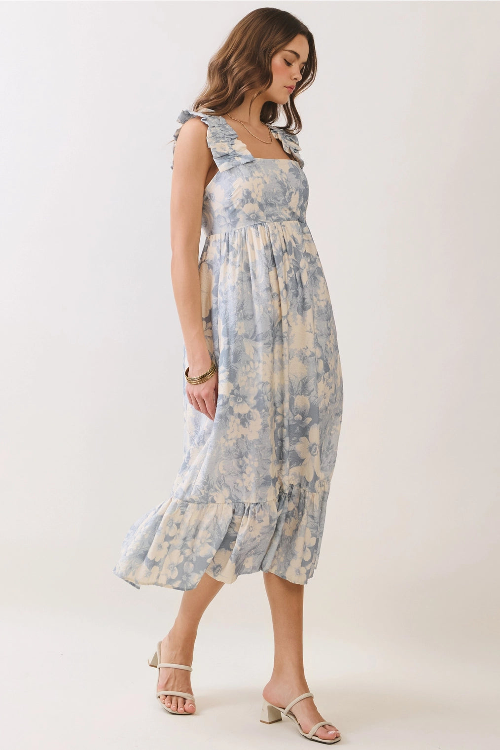 Jules Ruffled Strap Midi with Square Neckline and Back Smocking Detail