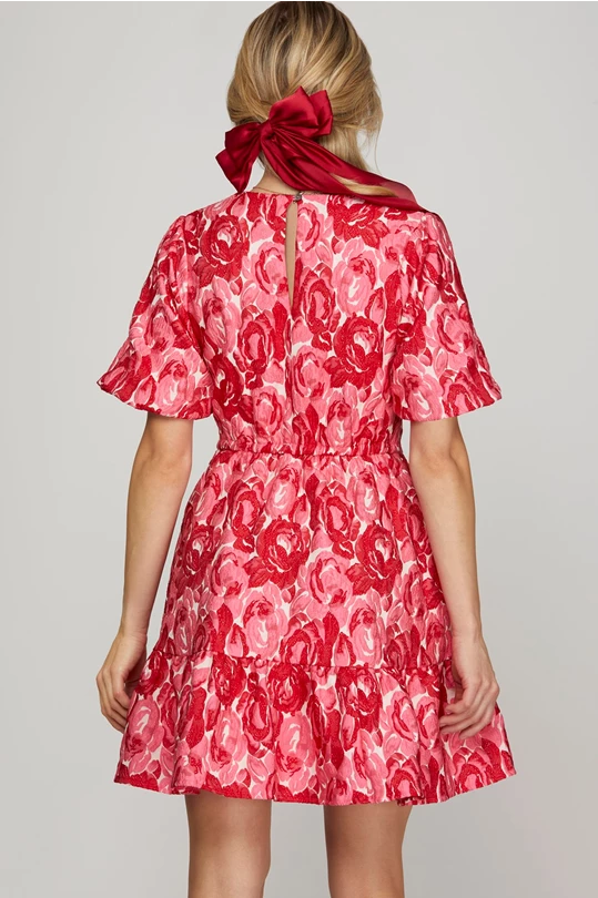 SHORT PUFF SLEEVE JACQUARD WOVEN BACK ELASTIC WAIST V NECK DRESS in Red and Pink Floral