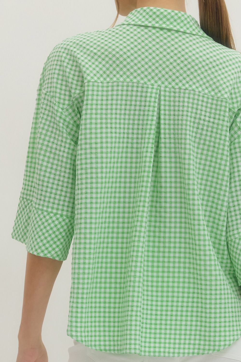 Piper Gingham 3/4 Sleeve Top with Hidden Button Placket - Mint￼