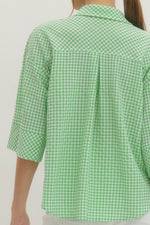 Piper Gingham 3/4 Sleeve Top with Hidden Button Placket - Mint￼