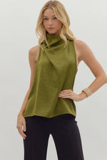 Olive Sleeveless Mock Neck Top with Draped Front