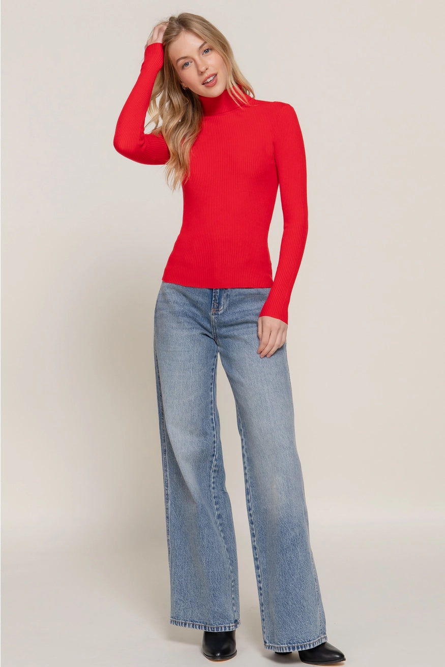 Long Sleeve Turtle Neck Fitted Viscose Rib Sweater Top- Red