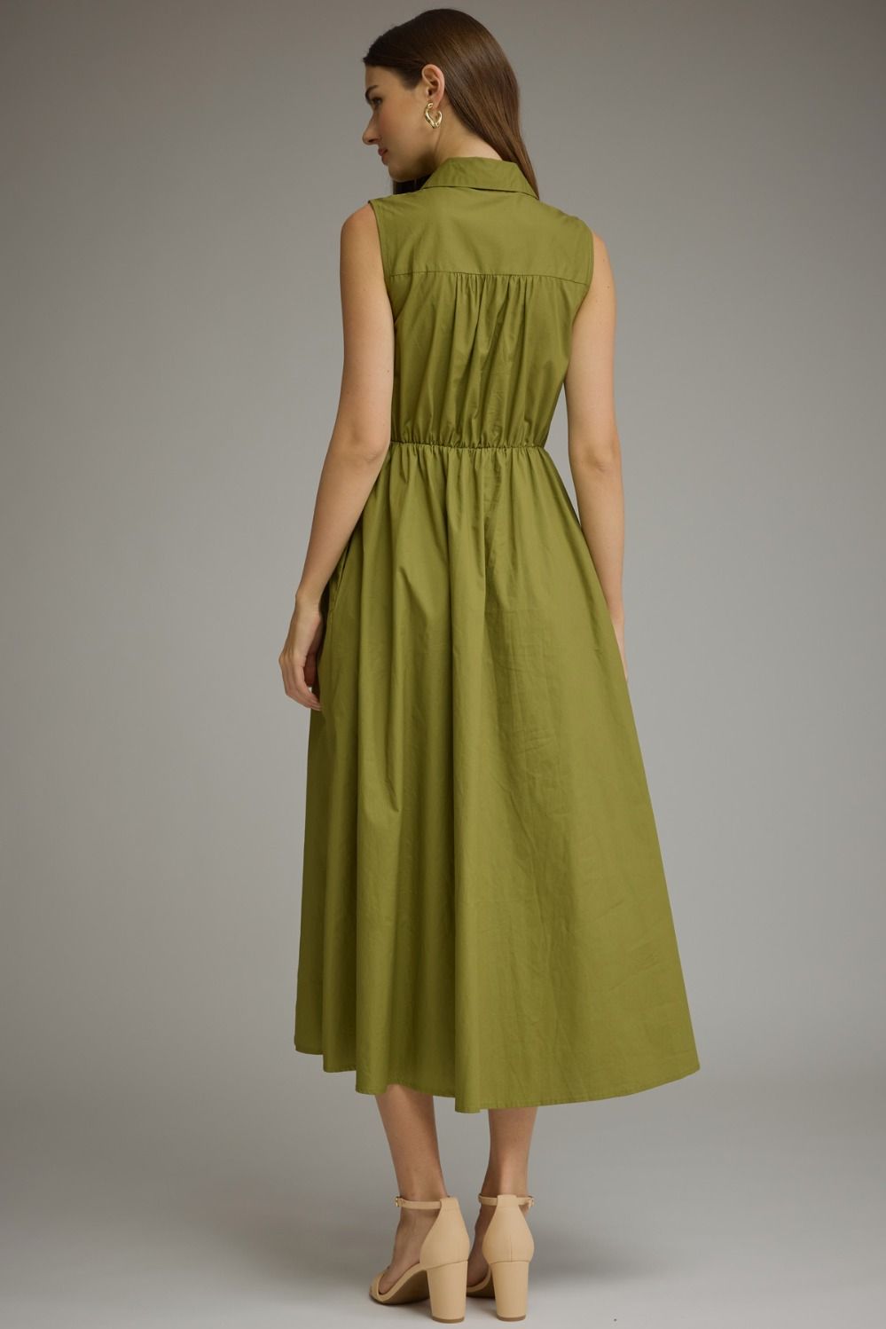 Lila Button Front Self-Tie Waist Midi Dress- Chartreuse Olive