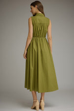 Lila Button Front Self-Tie Waist Midi Dress- Chartreuse Olive