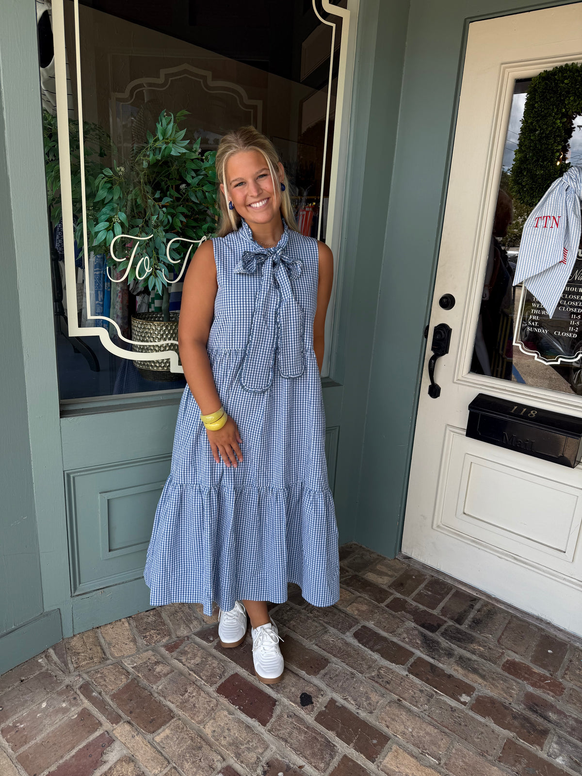 BLUE GINGHAM MAXI WITH FRONT NECK TIE