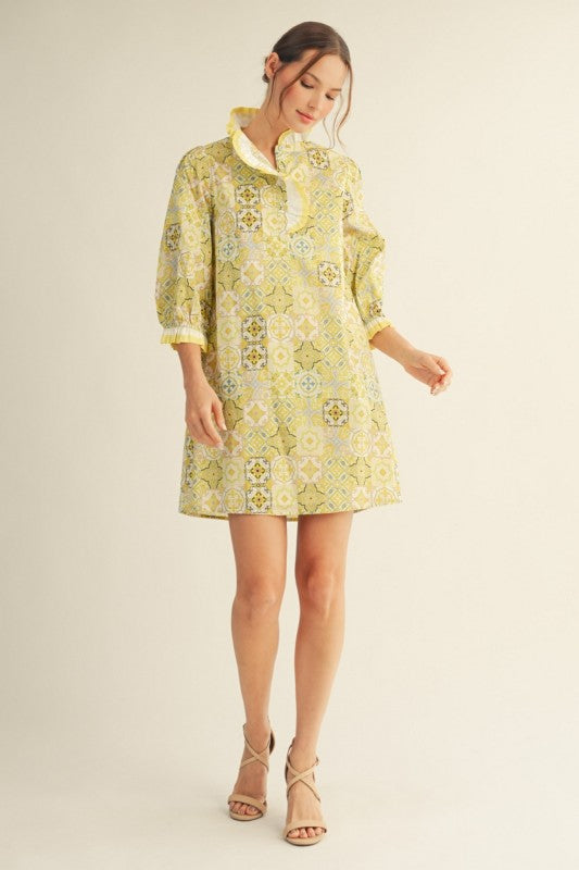 Citron Mix Print Ruffle Neck Mini Dress