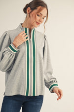Color Rib Band Trim Zip Up Top-Heather Grey
