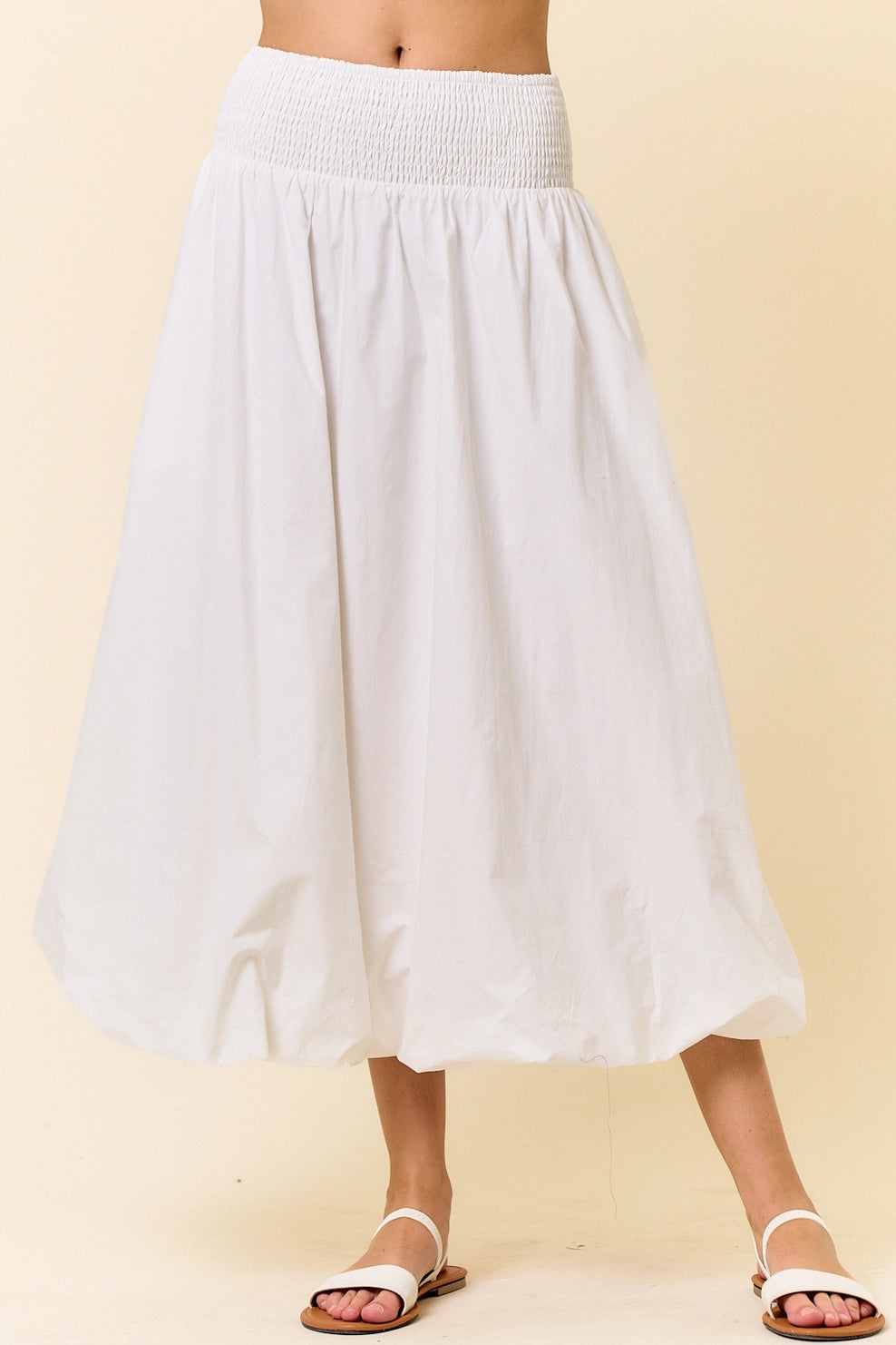 Smocked Wide Waistband Bubble Hem Maxi Skirt-WHITE