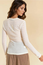 See Through Textured Stretch Knit Top- Cream