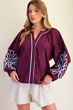 Soutache Detail Blouse- Dark Plum with Blue Piping