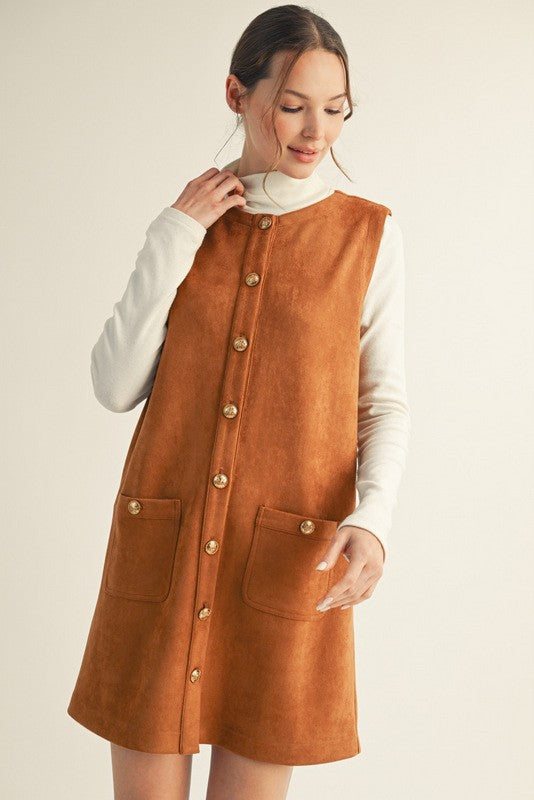 Heidi Button Down Suede Shift Dress- Camel