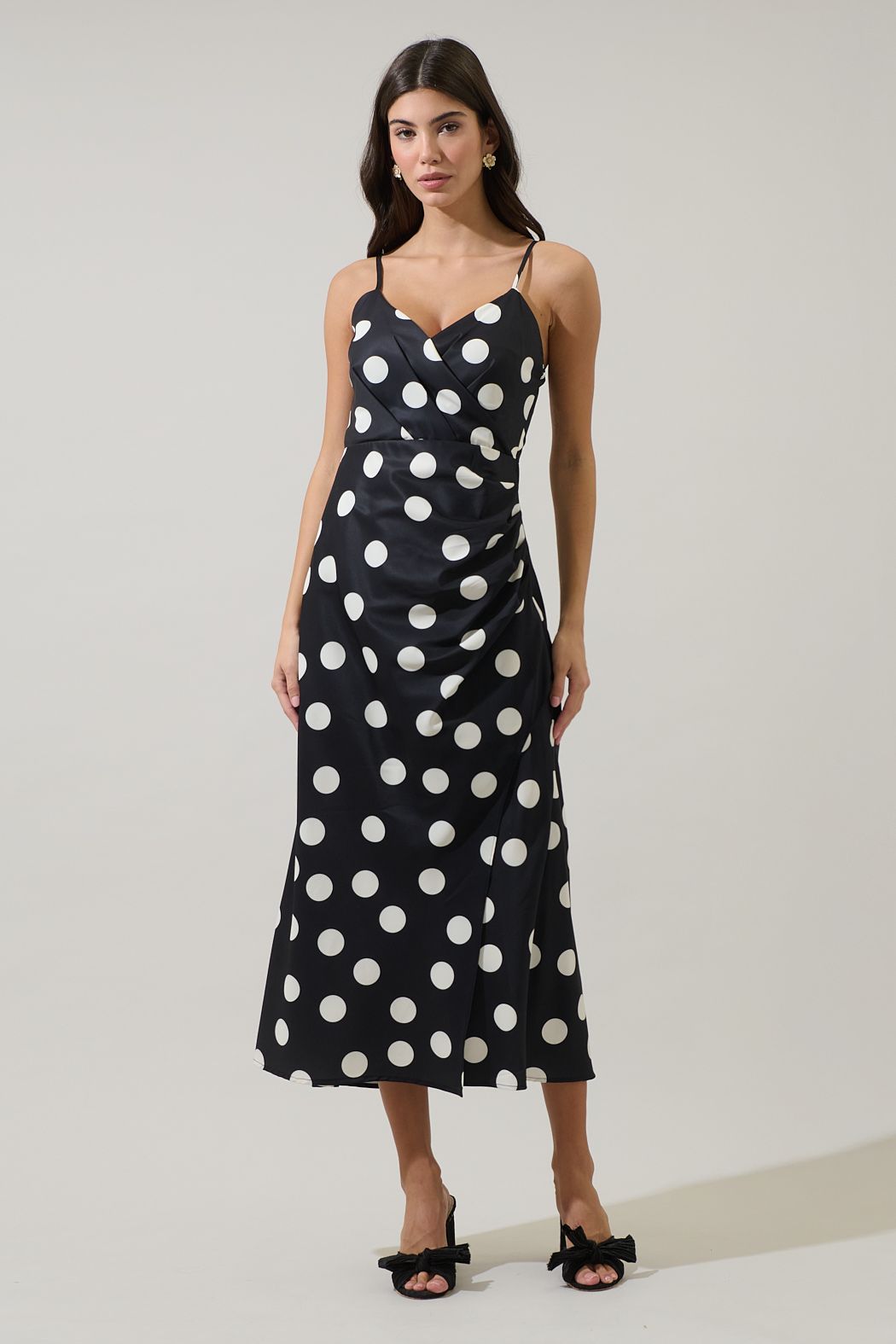Derba Polka Dot Pleated Satin Midi Dress ( XS-XL)